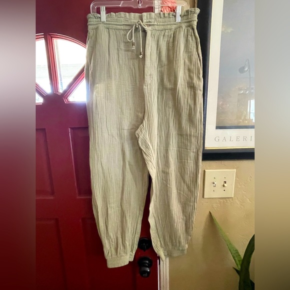 Zara Pants - COPY - ZARA sage green cotton crinkle joggers with 3 functioning pockets
